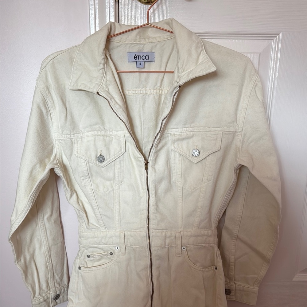 Cream Jean Jumpsuit with Fitted Silhouette and Utility Style